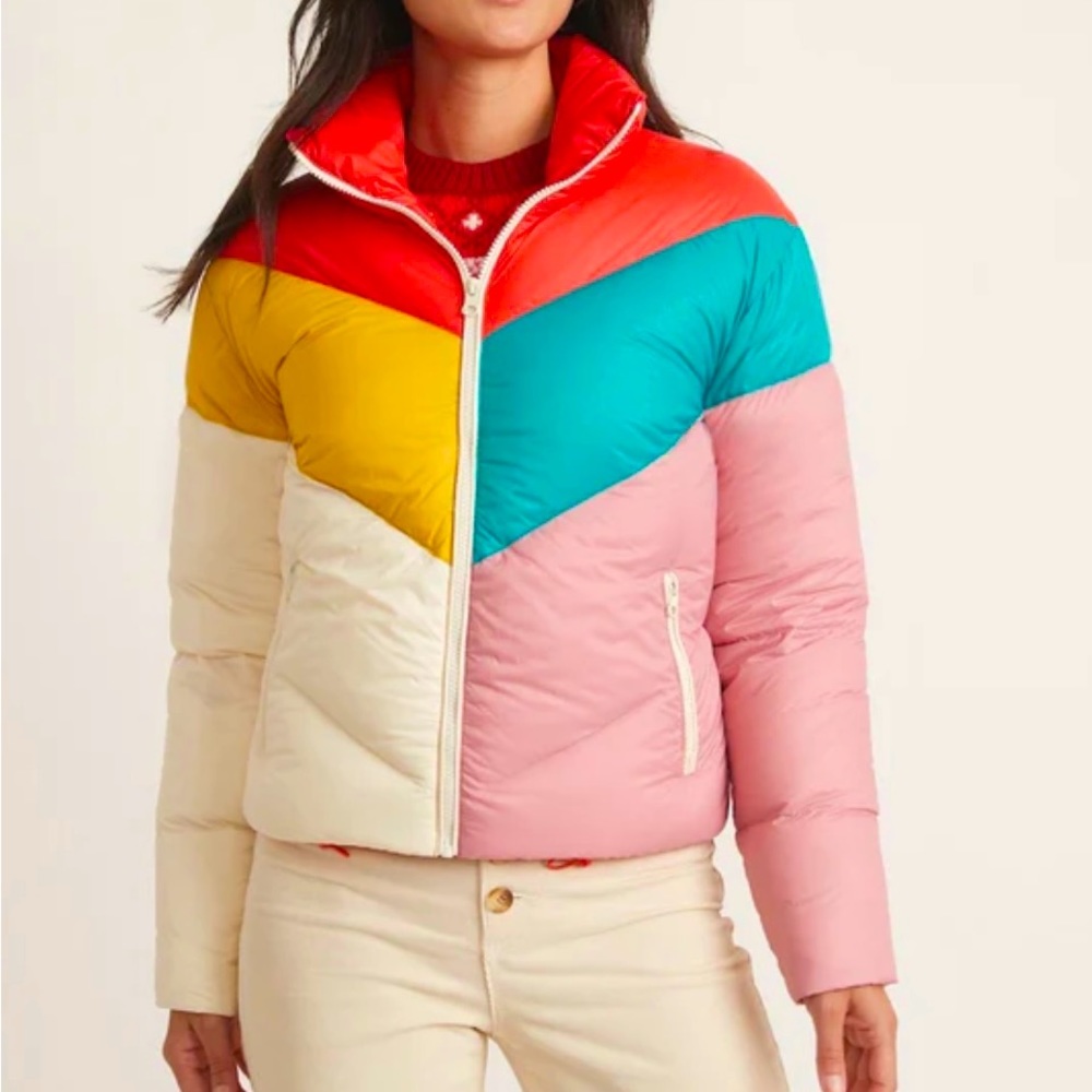 Marine Layer Blue Sky Puffer in Antique White Multi Chevron